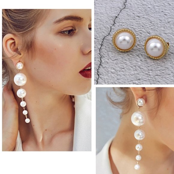 Reversible Big Pearl Long Dangle Clip On Earrings - Picture 6 of 6